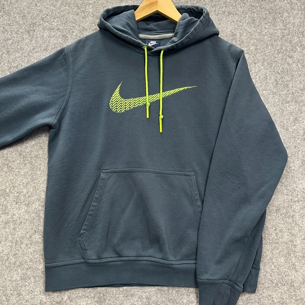 Nike‎ Hoodie Men's Size M Gray w Volt Swoosh Pullover Sweatshirt Kangaroo Pocket